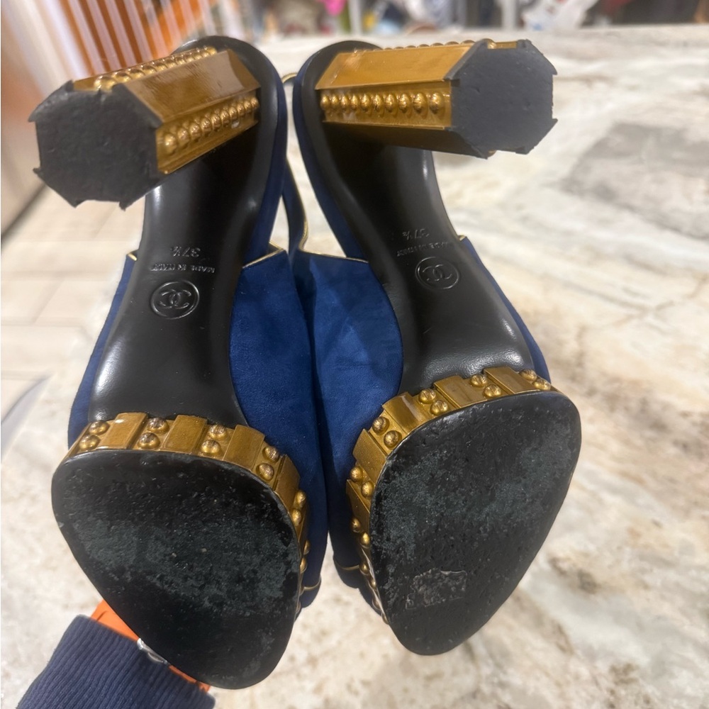 Authentic blue suede CHANEL Blue and Gold Studded Slingback Heels EUC - Picture 6 of 10